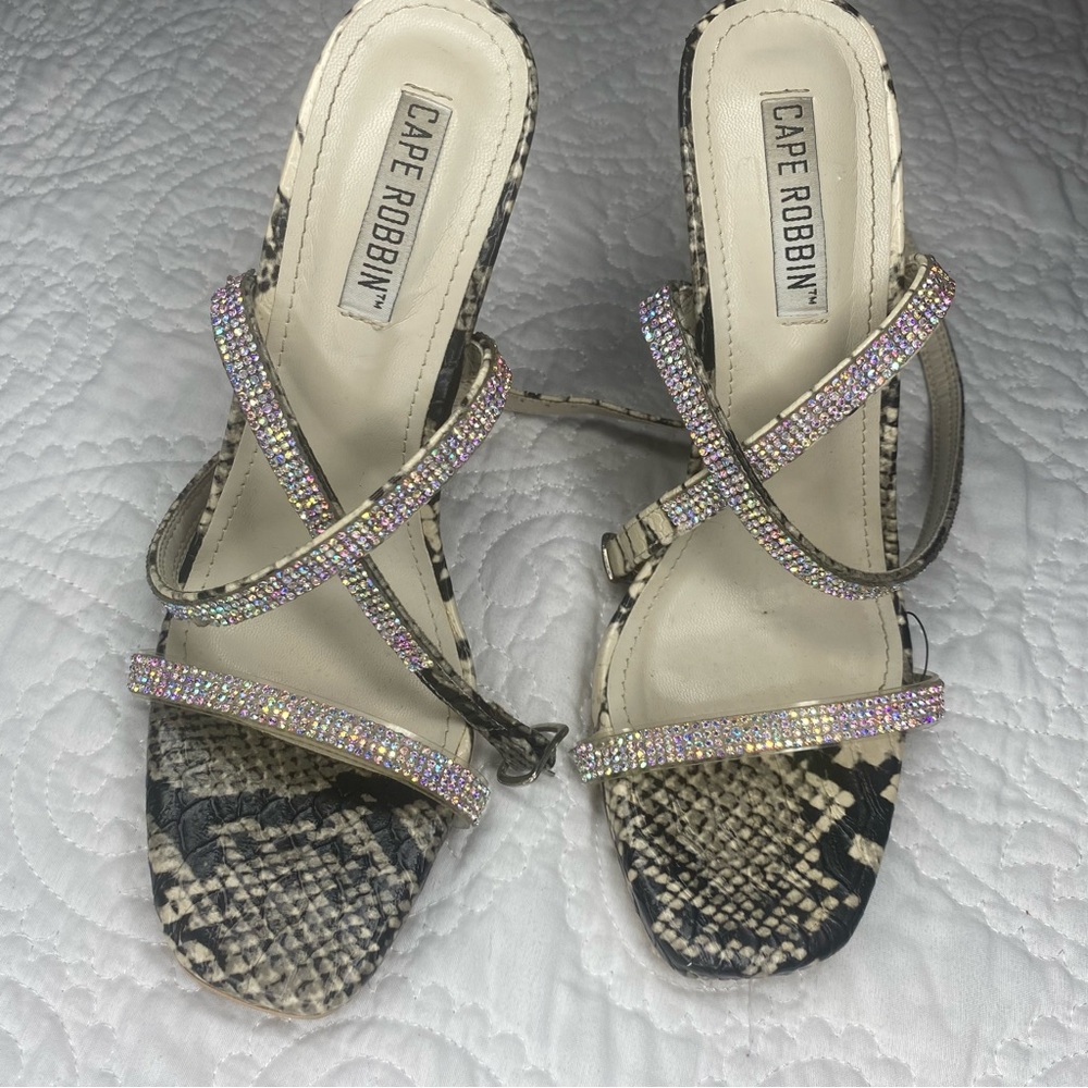 CAPE ROBBIN Strappy Snake Print Heels w/ Rhinestones